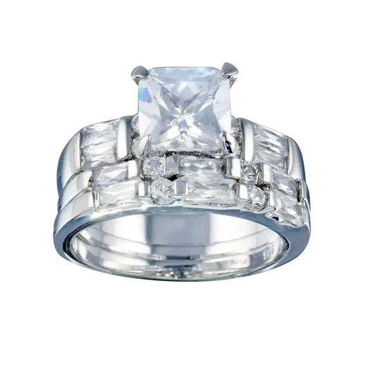925 Sterling Silver Rhodium Plated Clear Baguette Round Square Center CZ Bridal Ring Set