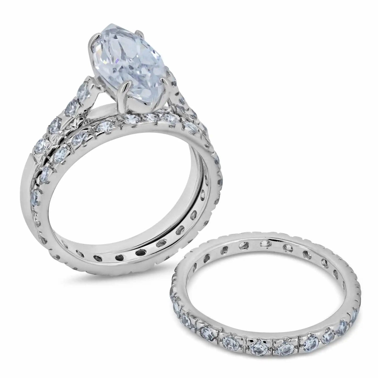 925 Sterling Silver Rhodium Plated Clear Marquise Center Round CZ Bridal Ring Set