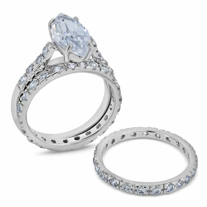 925 Sterling Silver Rhodium Plated Clear Marquise Center Round CZ Bridal Ring Set