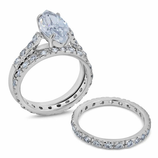 925 Sterling Silver Rhodium Plated Clear Marquise Center Round CZ Bridal Ring Set