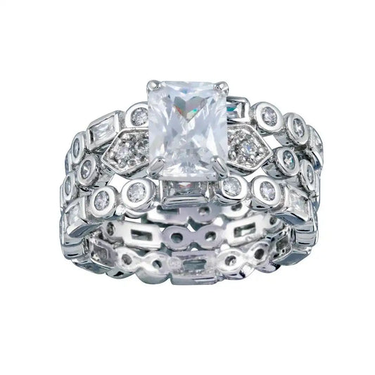 925 Sterling Silver Rhodium Plated Clear CZ Multi Shaped Bridal Engagement Ring Set