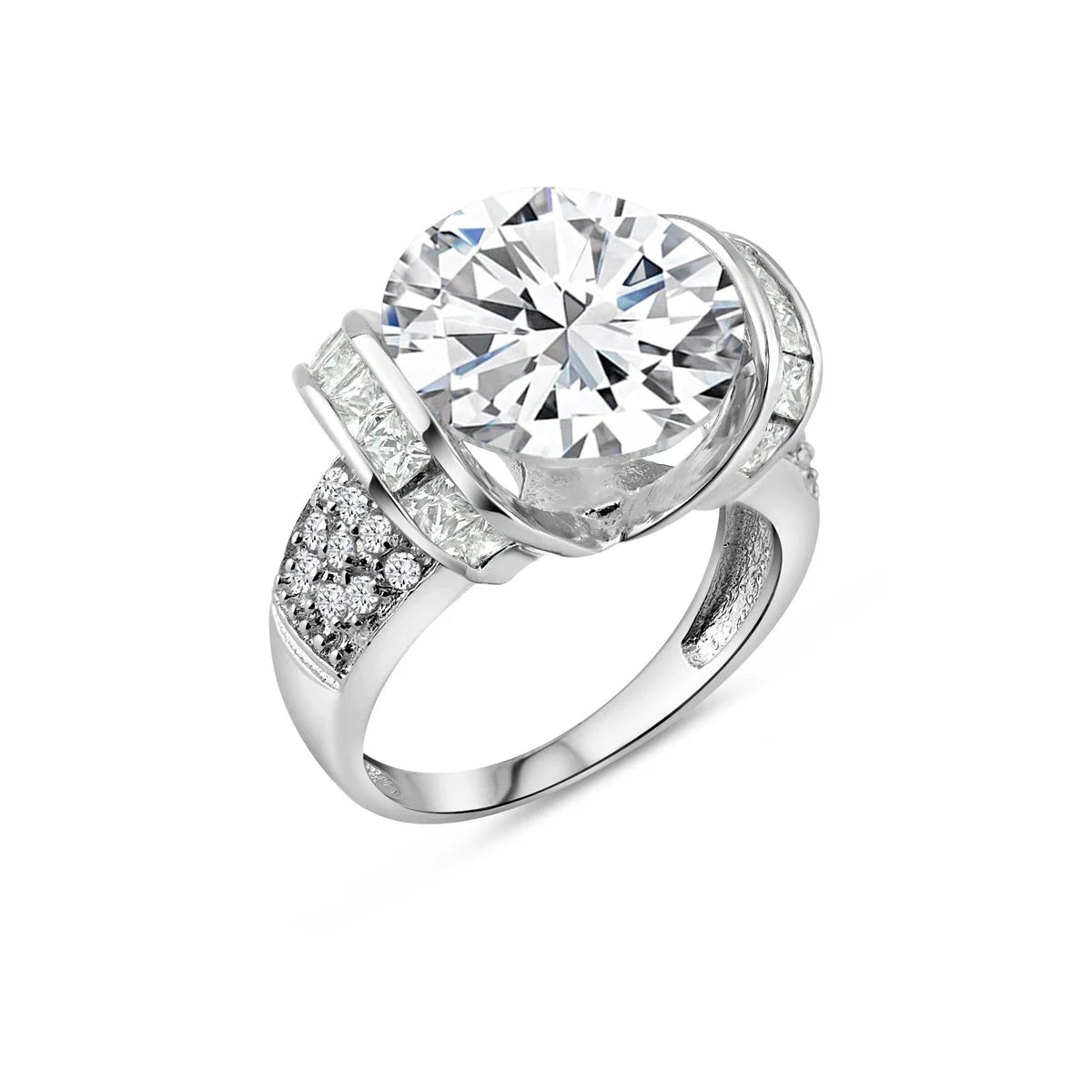 925 Silver Rhodium Plated Clear Baguette Pave Set Round Center CZ Bridal Ring