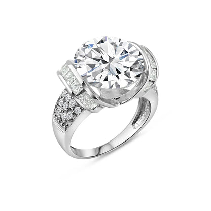 925 Silver Rhodium Plated Clear Baguette Pave Set Round Center CZ Bridal Ring
