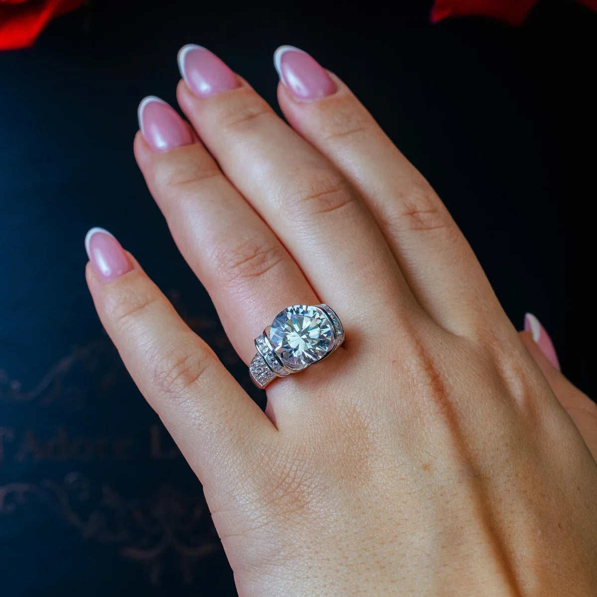 925 Silver Rhodium Plated Clear Baguette Pave Set Round Center CZ Bridal Ring
