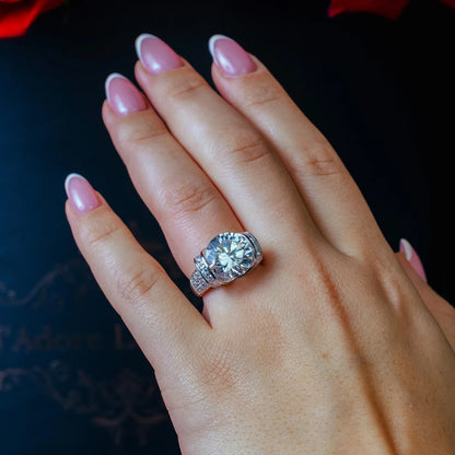 925 Silver Rhodium Plated Clear Baguette Pave Set Round Center CZ Bridal Ring