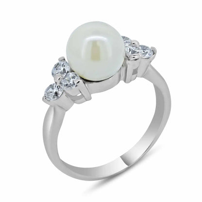 925 Sterling Silver Rhodium Plated Synthetic Pearl Center Clear CZ Ring