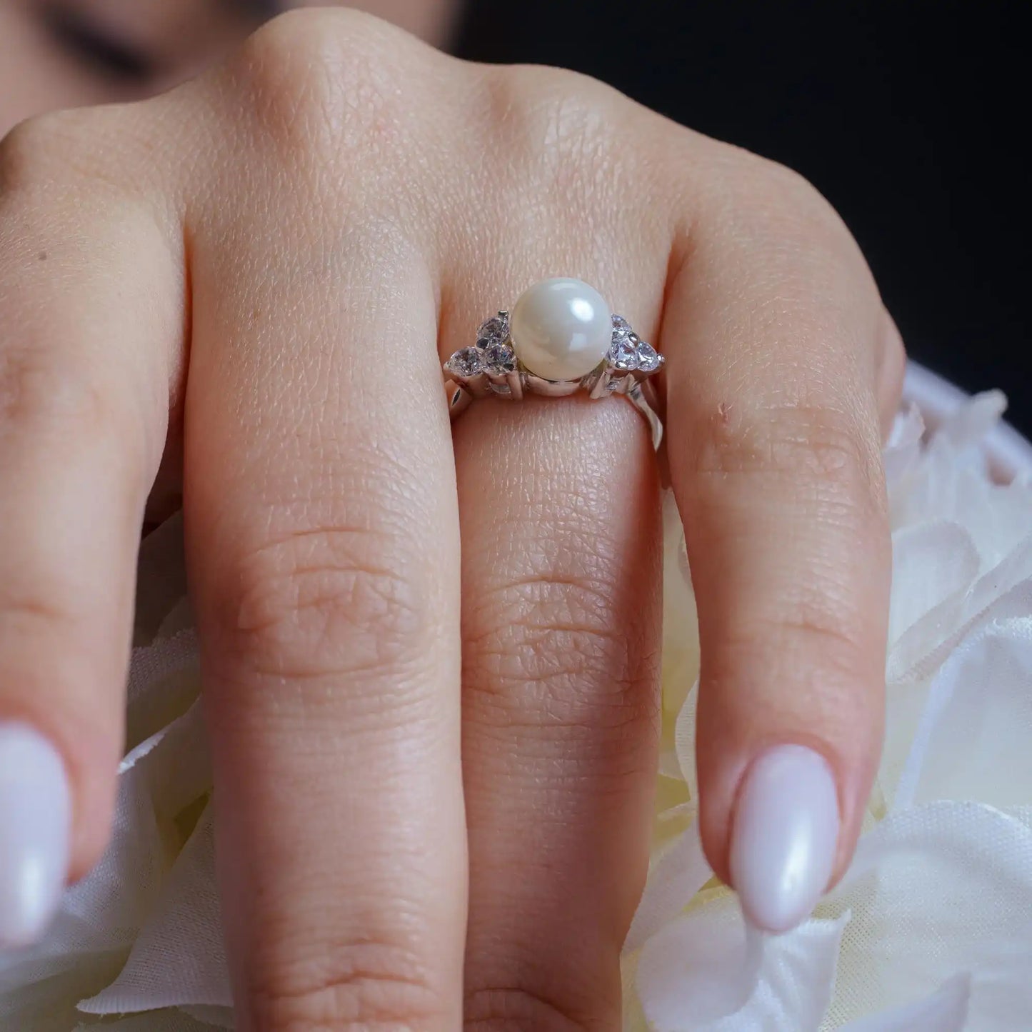925 Sterling Silver Rhodium Plated Synthetic Pearl Center Clear CZ Ring