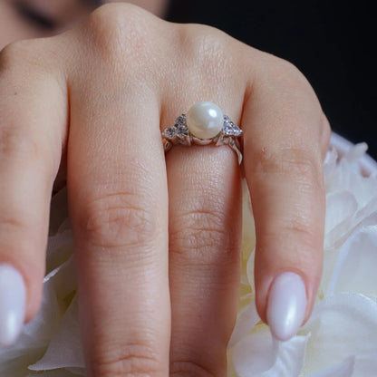 925 Sterling Silver Rhodium Plated Synthetic Pearl Center Clear CZ Ring