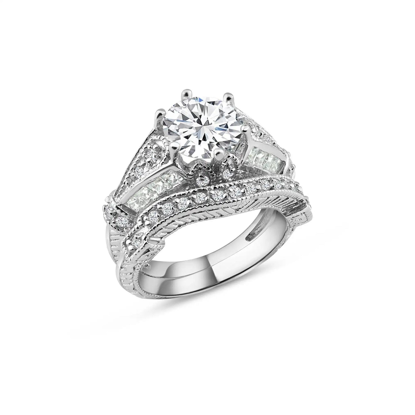925 Sterling Silver Rhodium Plated Clear Channel Set CZ Bridal Wedding Ring Set