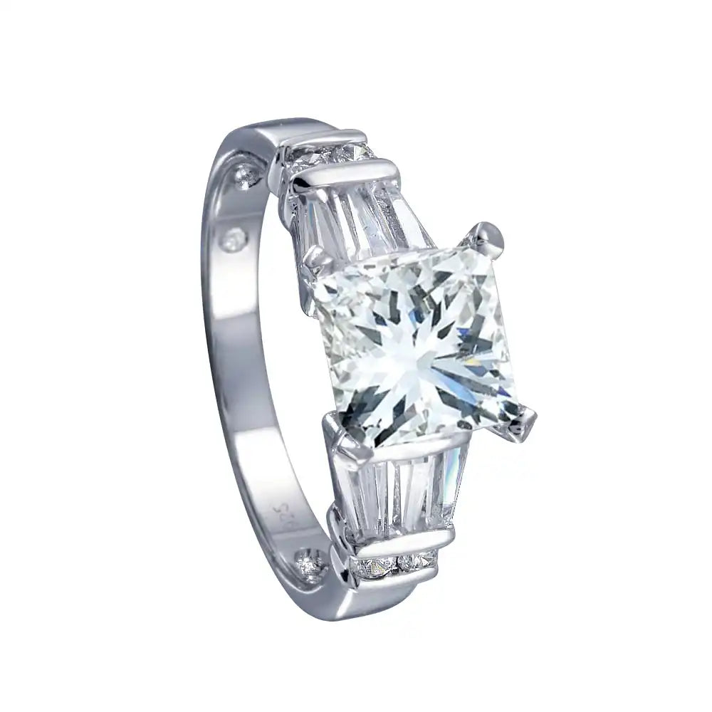 925 Sterling Silver Rhodium Plated Clear Princess Cut Center Round Baguette CZ Bridal Ring