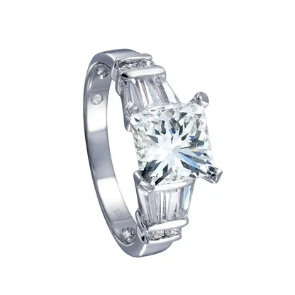 925 Sterling Silver Rhodium Plated Clear Princess Cut Center Round Baguette CZ Bridal Ring