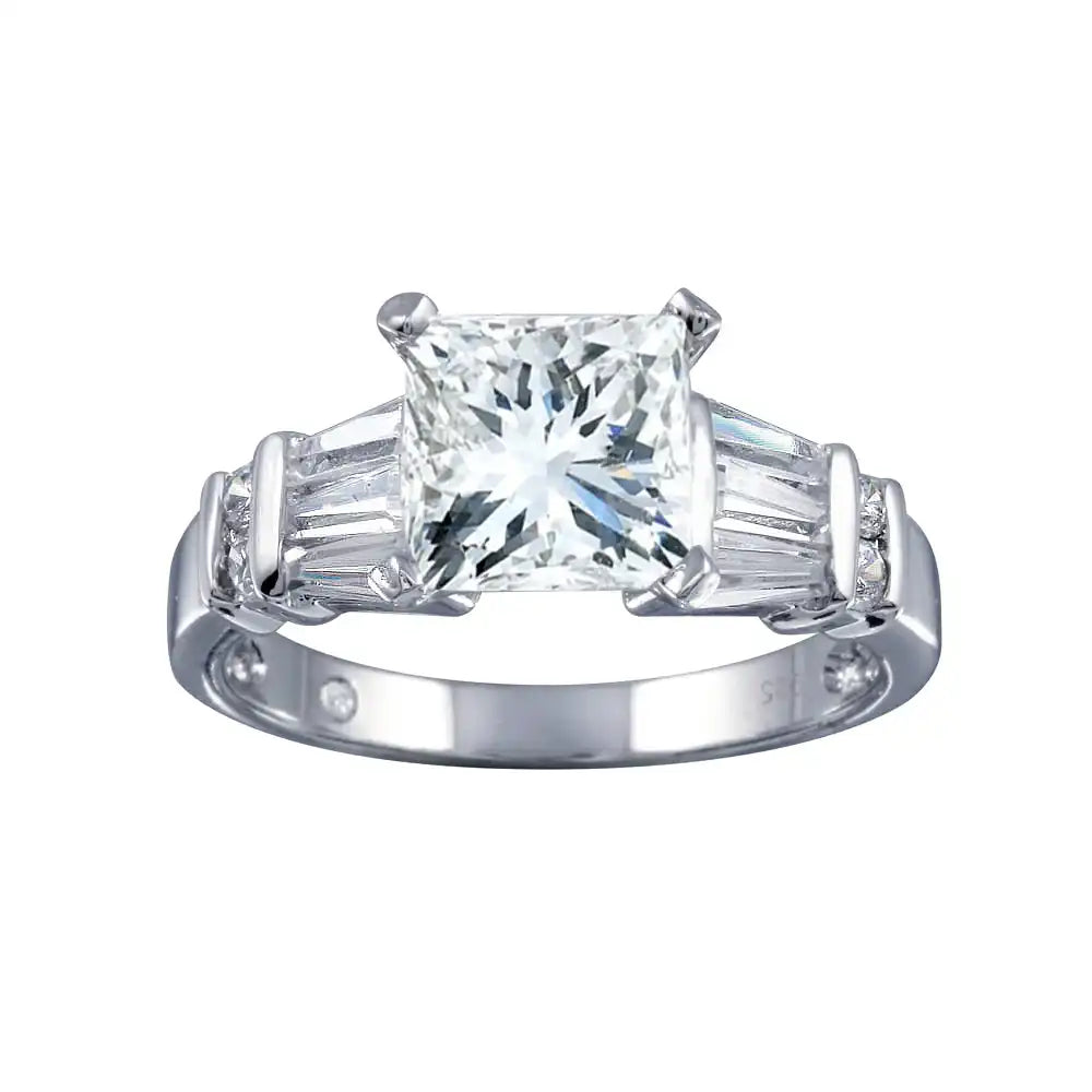 925 Sterling Silver Rhodium Plated Clear Princess Cut Center Round Baguette CZ Bridal Ring