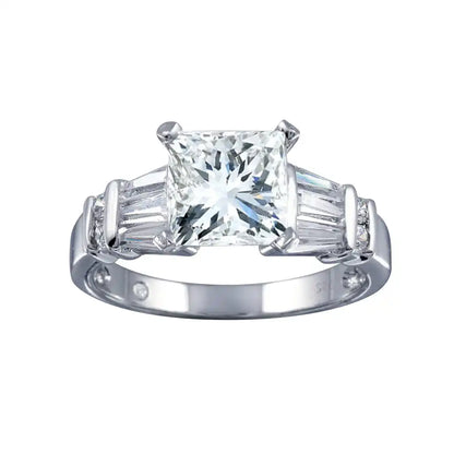 925 Sterling Silver Rhodium Plated Clear Princess Cut Center Round Baguette CZ Bridal Ring