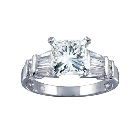 925 Sterling Silver Rhodium Plated Clear Princess Cut Center Round Baguette CZ Bridal Ring