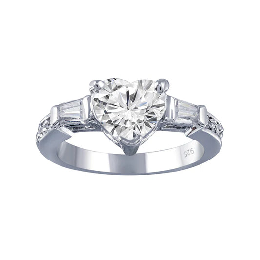 925 Sterling Silver Rhodium Plated Clear CZ Heart Bridal Ring
