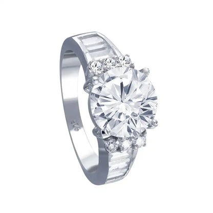 925 Sterling Silver Rhodium Plated Clear Baguette Round Center Center CZ Bridal Ring