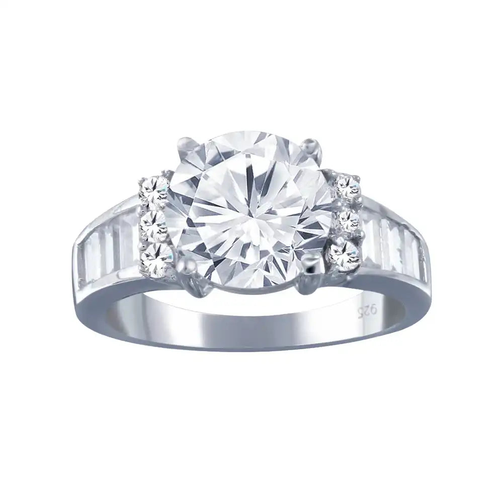 925 Sterling Silver Rhodium Plated Clear Baguette Round Center Center CZ Bridal Ring