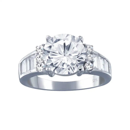925 Sterling Silver Rhodium Plated Clear Baguette Round Center Center CZ Bridal Ring