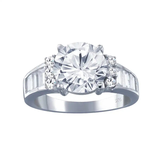 925 Sterling Silver Rhodium Plated Clear Baguette Round Center Center CZ Bridal Ring