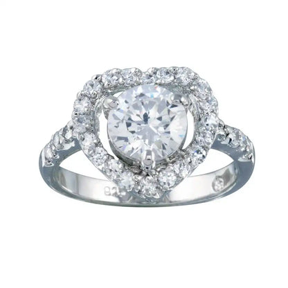 925 Sterling Silver Rhodium Plated Clear Center CZ Heart Bridal Ring