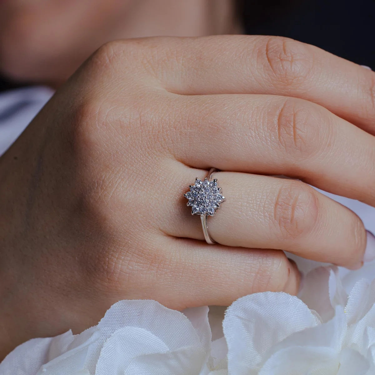 925 Silver Rhodium Plated Clear Cluster CZ Flower Ring