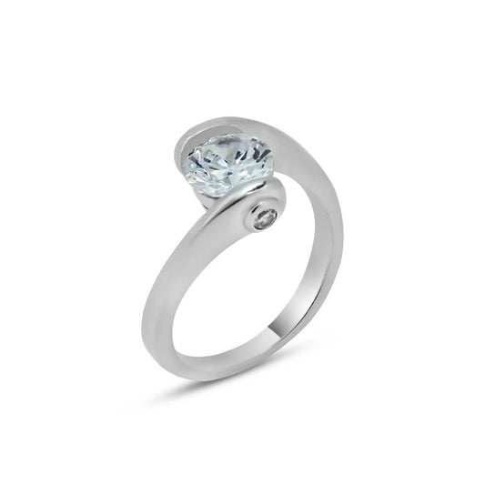 925 Sterling Silver Rhodium Plated Clear Round Center CZ Overlap Twist Ring