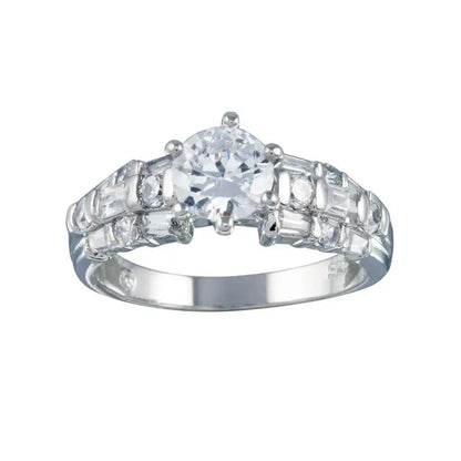 925 Sterling Silver Rhodium Plated Clear Baguette Round CZ Bridal Ring