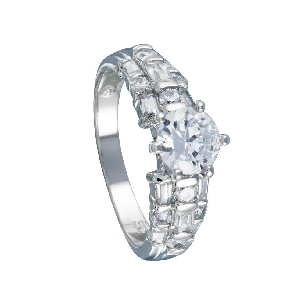 925 Sterling Silver Rhodium Plated Clear Baguette Round CZ Bridal Ring