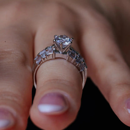 925 Sterling Silver Rhodium Plated Clear Baguette Round CZ Bridal Ring