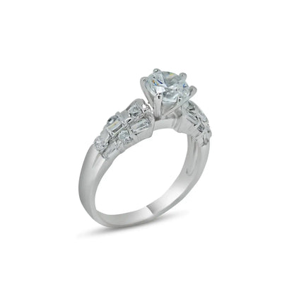 925 Sterling Silver Rhodium Plated Clear Baguette Round CZ Bridal Ring