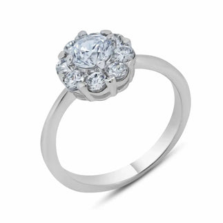 925 Sterling Silver Rhodium Plated Clear Cluster CZ Flower Ring