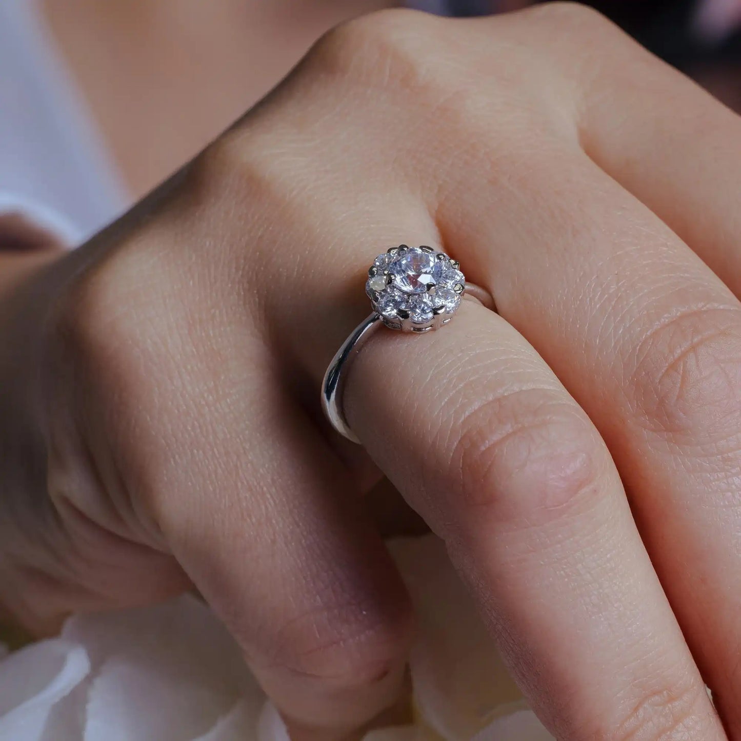 925 Sterling Silver Rhodium Plated Clear Cluster CZ Flower Ring