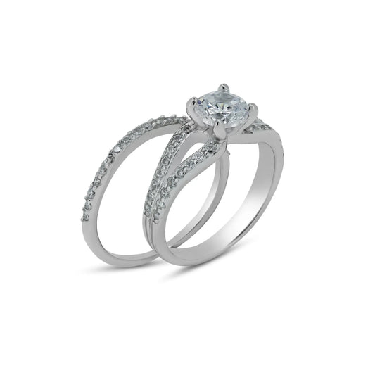925 Sterling Silver Rhodium Plated Clear CZ Bridal Engagement Ring Set