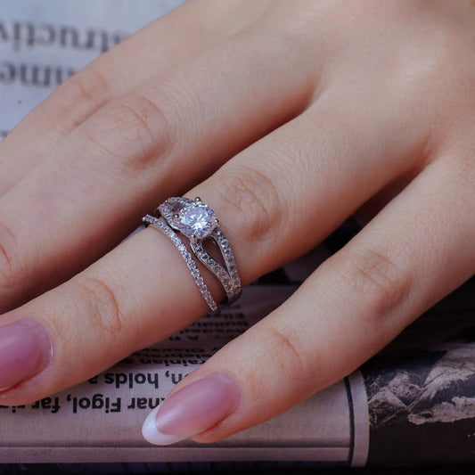 925 Sterling Silver Rhodium Plated Clear CZ Bridal Engagement Ring Set