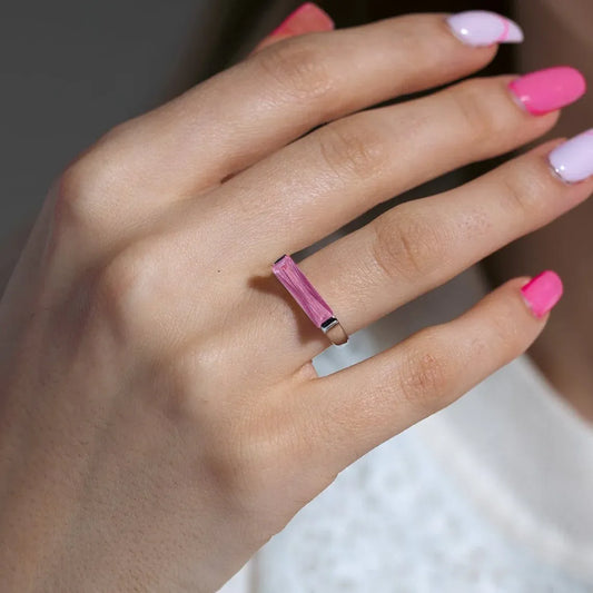 925 Silver Clearance Rhodium Plated Long Pink CZ Bar Ring