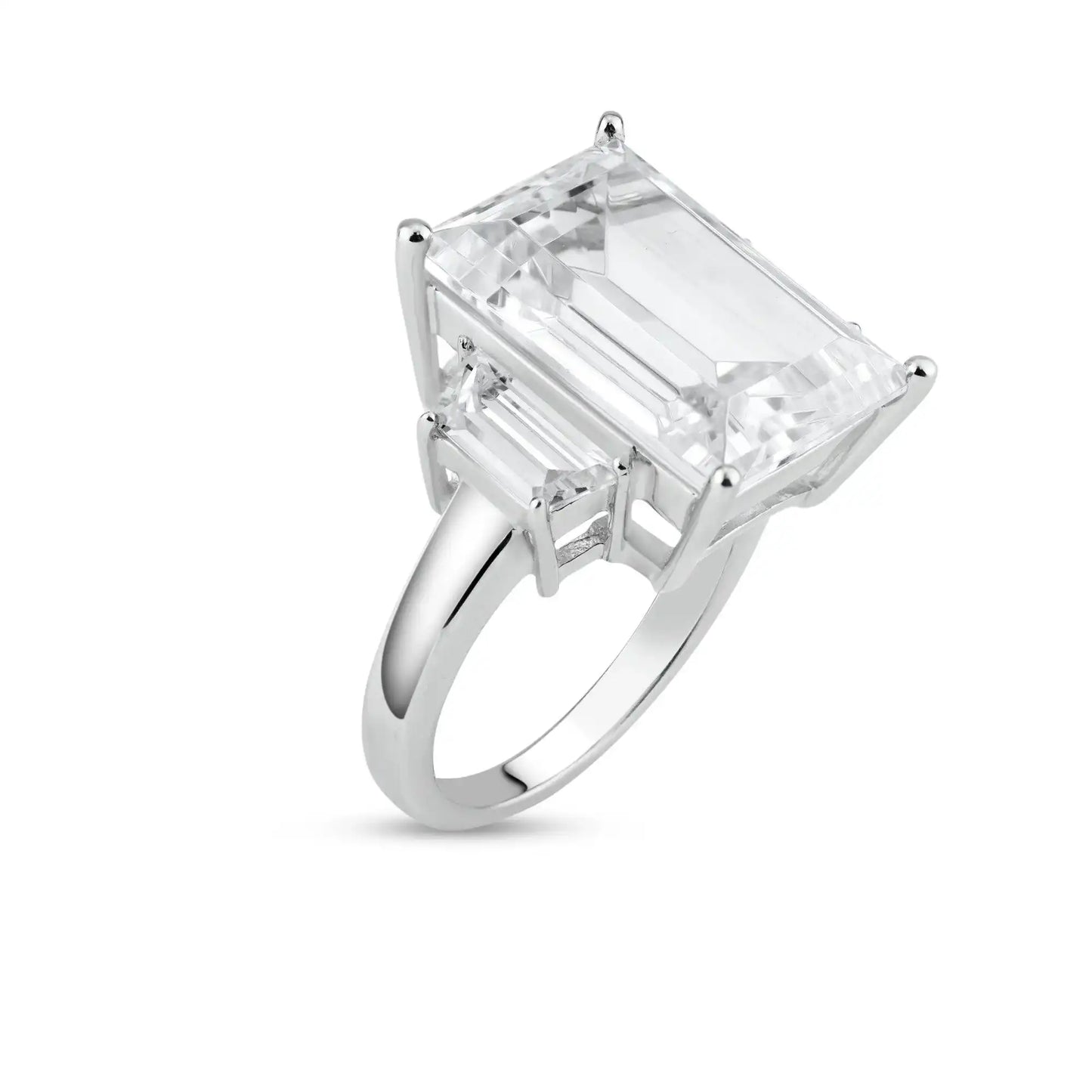 925 Sterling Silver Rhodium Plated Clear Baguette and Rectangular Center CZ Bridal Ring