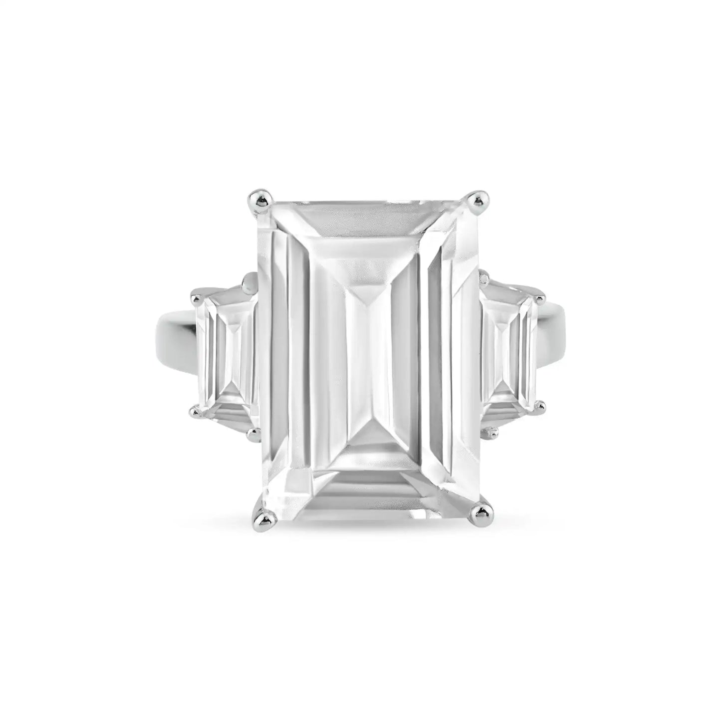 925 Sterling Silver Rhodium Plated Clear Baguette and Rectangular Center CZ Bridal Ring