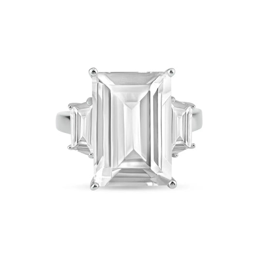 925 Sterling Silver Rhodium Plated Clear Baguette and Rectangular Center CZ Bridal Ring