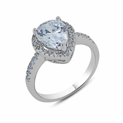 925 Sterling Silver Rhodium Plated Clear Teardrop CZ Engagement Bridal Ring