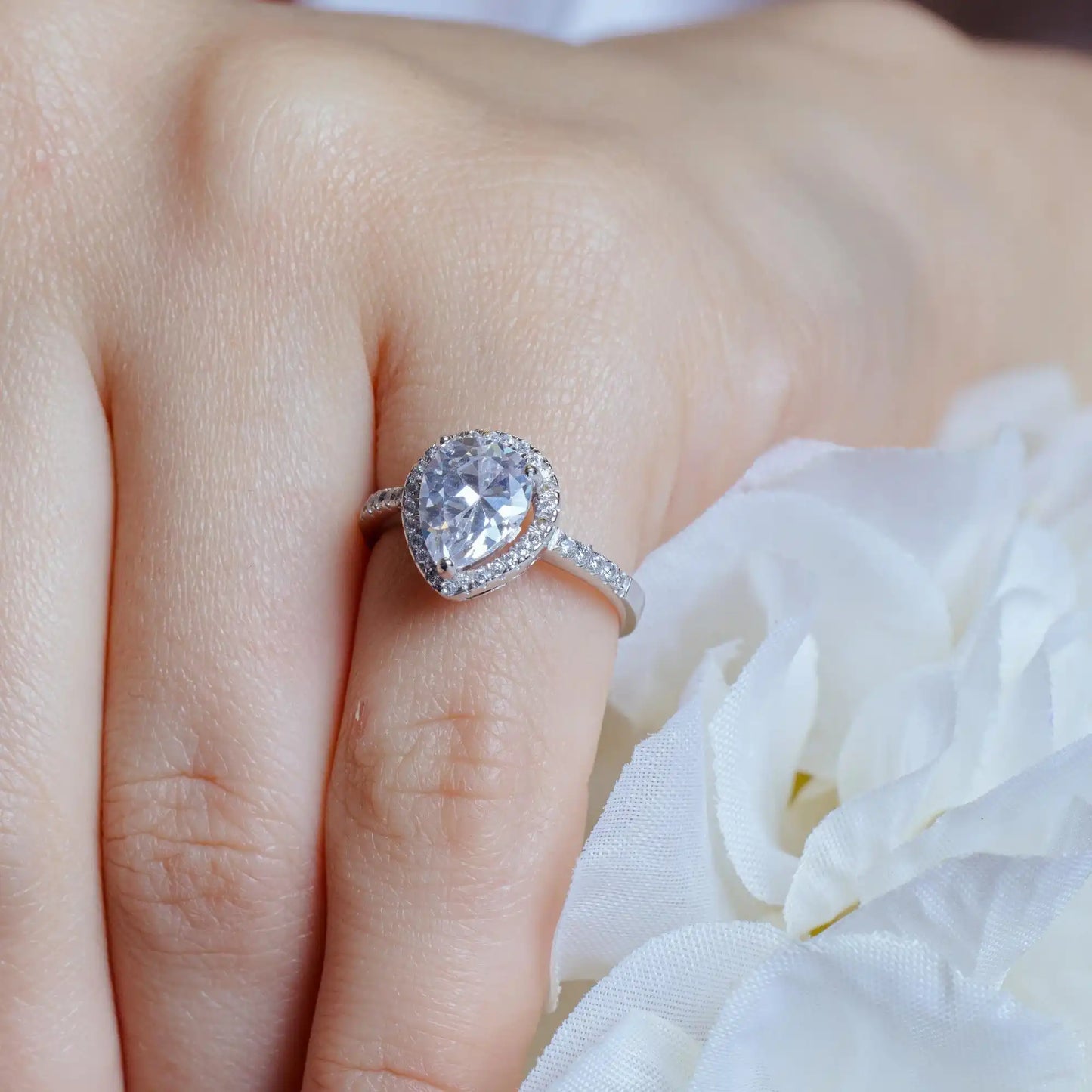 925 Sterling Silver Rhodium Plated Clear Teardrop CZ Engagement Bridal Ring