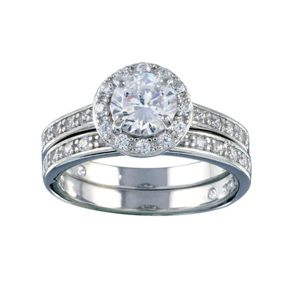 925 Sterling Silver Rhodium Plated Clear CZ Round Bridal Ring Set