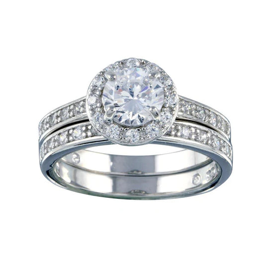 925 Sterling Silver Rhodium Plated Clear CZ Round Bridal Ring Set