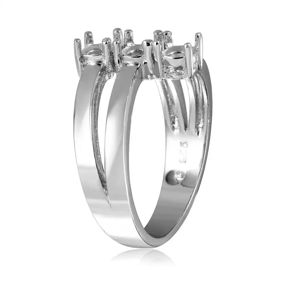 925 Sterling Silver Rhodium Plated Open Shank 3 Stone Mounting Ring