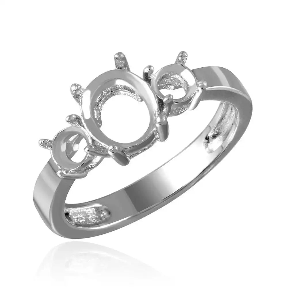 925 Sterling Silver Rhodium Plated 3 Stone Oval Center Mounting Ring