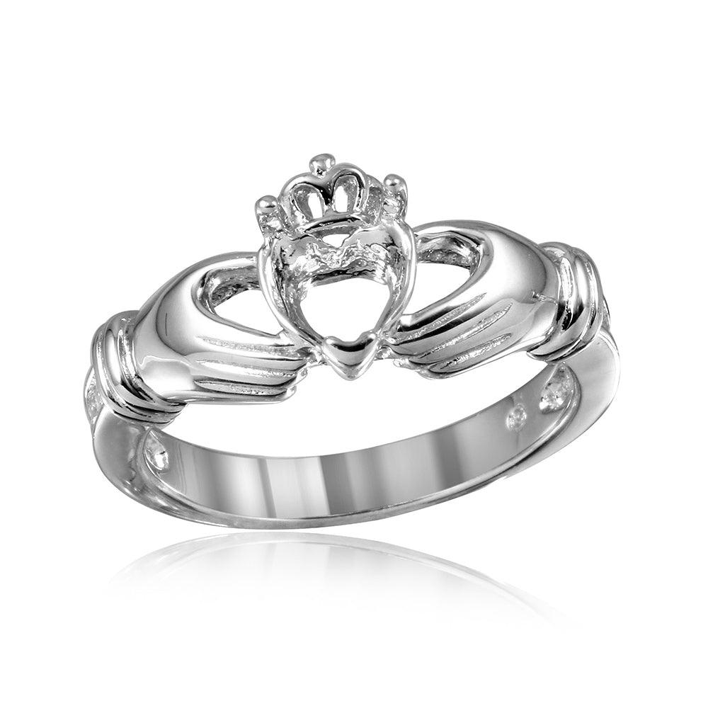 925 Silver Rhodium Plated Claddagh CZ Heart Mounting Ring