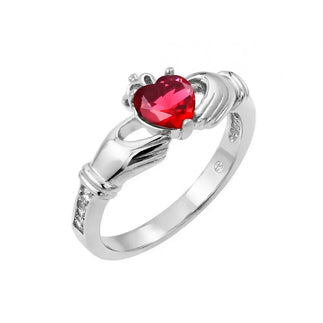 925 Sterling Silver Rhodium Plated Red Heart CZ Claddagh Ring