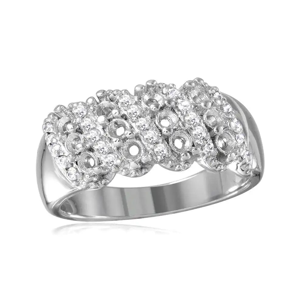 925 Sterling Silver Rhodium Plated Multi Row Mounting Ring with CZ