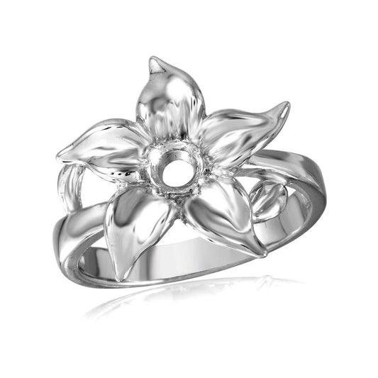 925 Silver Rhodium Plated Flower Single Stone Mounting Ring