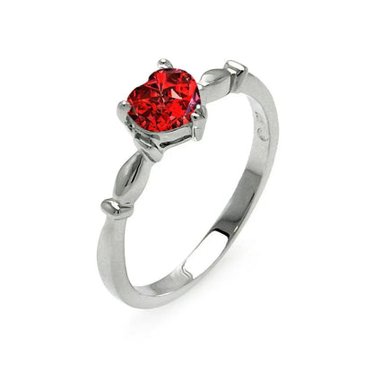 925 Sterling Silver Rhodium Plated CZ Heart Red January Ring
