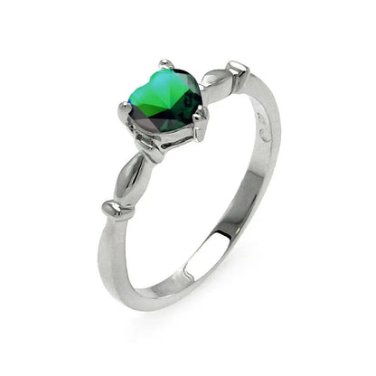 925 Sterling Silver Rhodium Plated CZ Heart Green May Ring